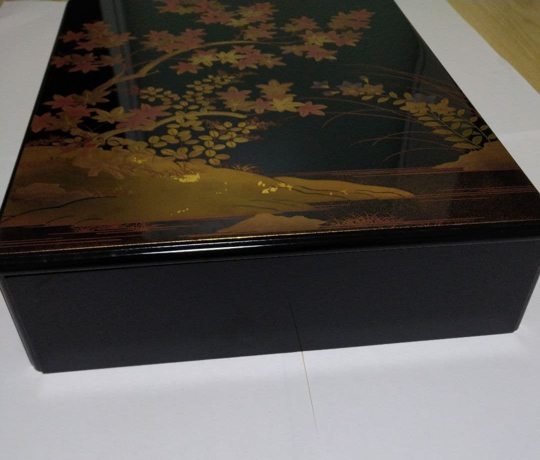 美品！セール　新品未使用　木製漆器 蒔絵文箱 　黒地 に秋草　黒江、中西工芸製