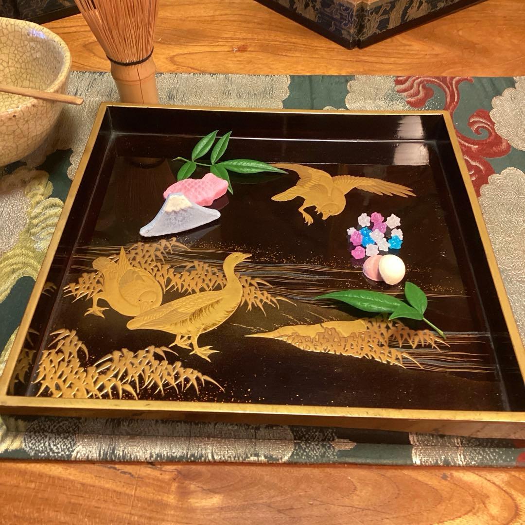 A1020木製輪島塗　水辺に雁　金蒔絵盆　金縁　蒔絵　菓子盆　香盆