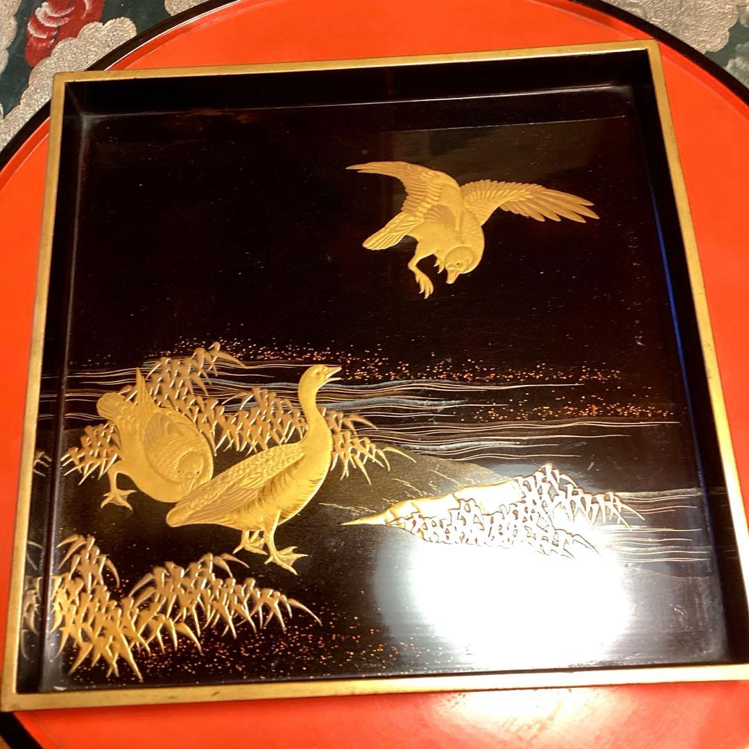 A1020木製輪島塗　水辺に雁　金蒔絵盆　金縁　蒔絵　菓子盆　香盆