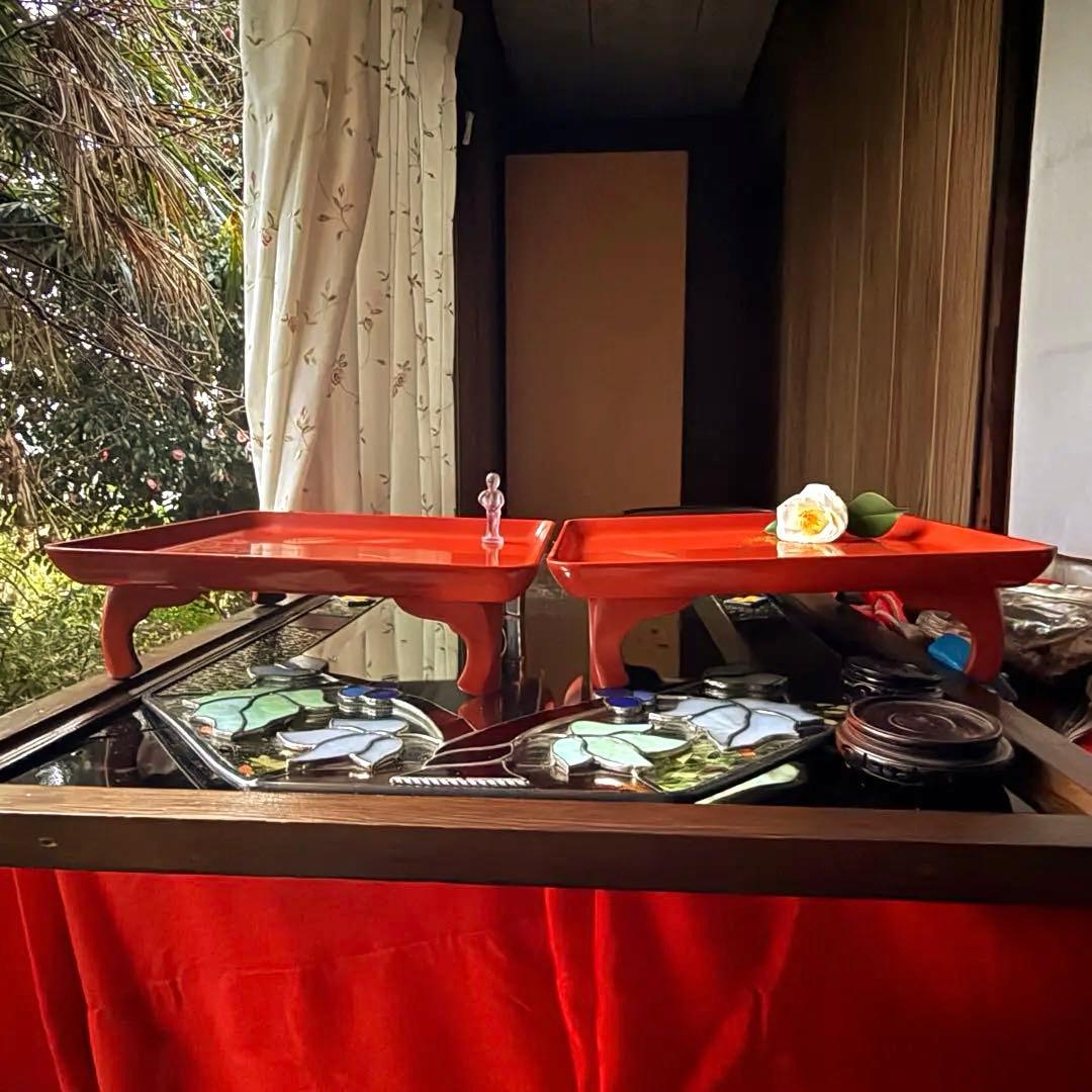 A様へ感謝お嫁入り‼️節目にJAPAN GOLDすすき天然木朱色沈金御膳 10客