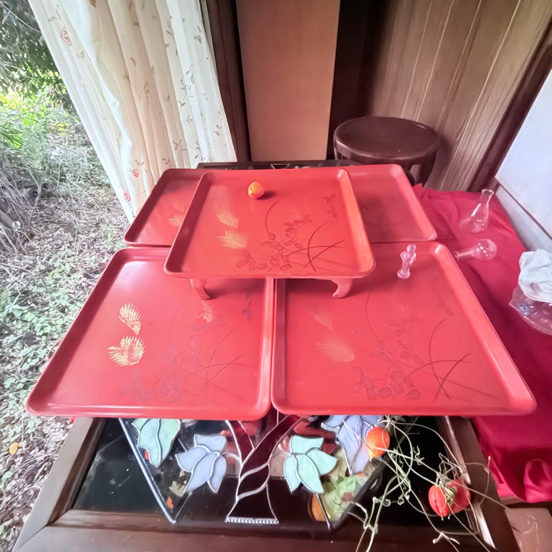 A様へ感謝お嫁入り‼️節目にJAPAN GOLDすすき天然木朱色沈金御膳 10客