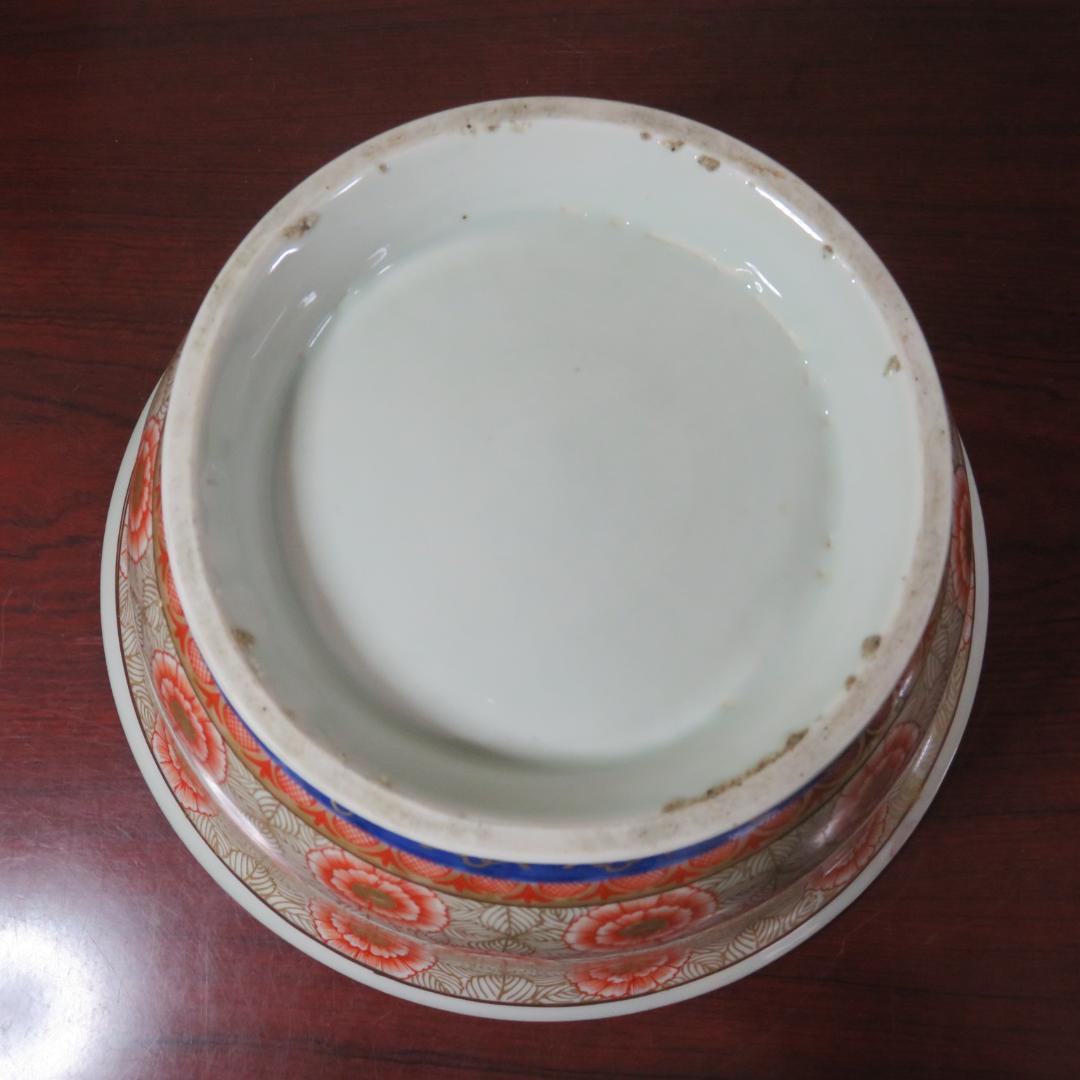 丼 鉢 花文様 金彩 色絵付 染付 窯傷 歪み 共箱 金魚鉢 明治