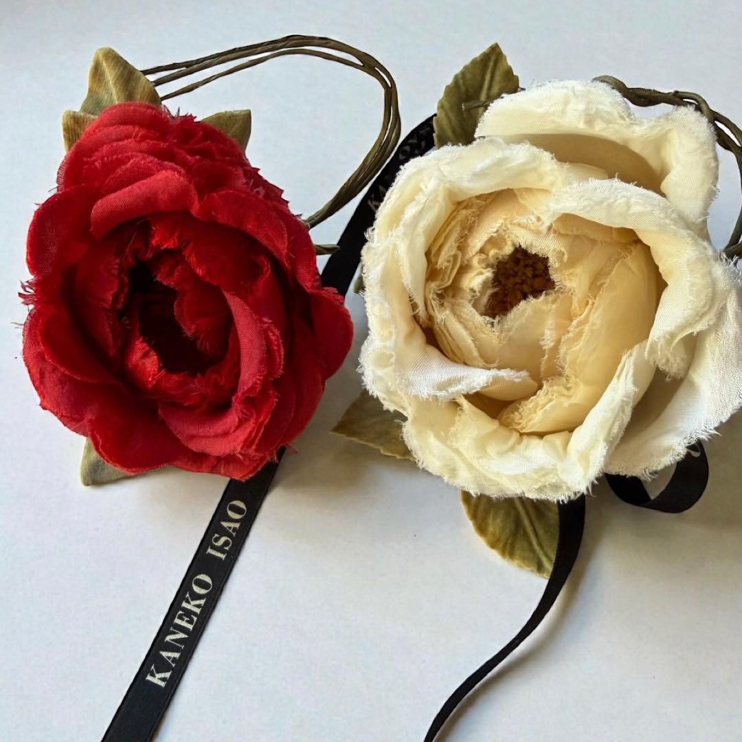 希少　カネコイサオ　ヴィンテージ　ローズコサージュ　２点セット　リボン　赤白