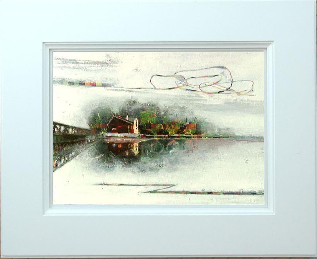 油絵 菅家令子 絵画インテリア額付(青緑＋金色の枠) uF6-062803風景橋