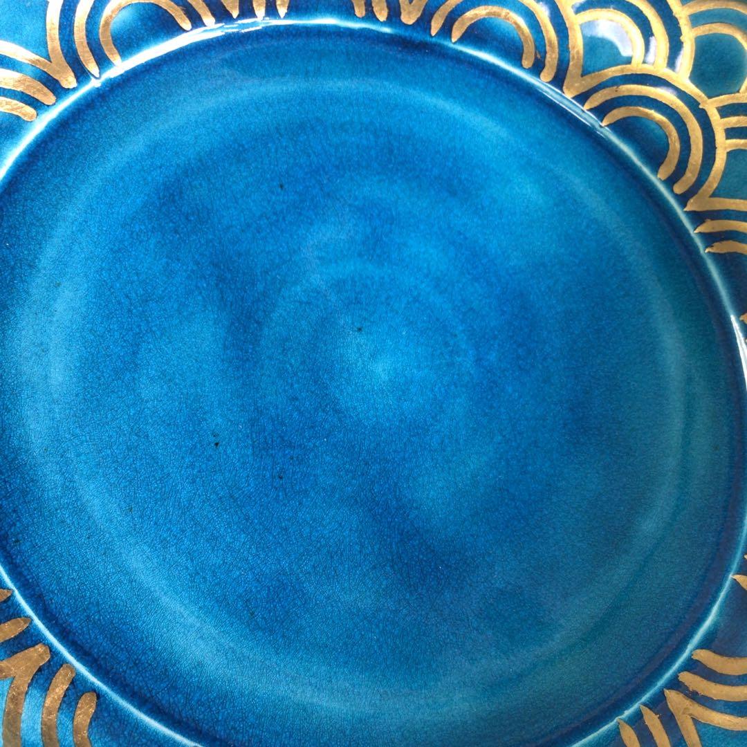 Ｐ８５８　水指　『加賀瑞山造』『トルコ釉』『青海波文』『平水指』　共箱　茶道具