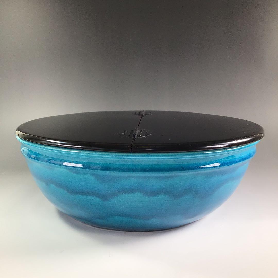 Ｐ８５８　水指　『加賀瑞山造』『トルコ釉』『青海波文』『平水指』　共箱　茶道具