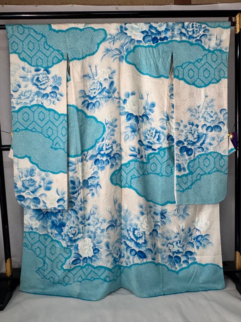 [ヴィンテージ] 振袖　正絹　白　水色　鹿の子絞り　成人式　結婚式　礼装　高身長