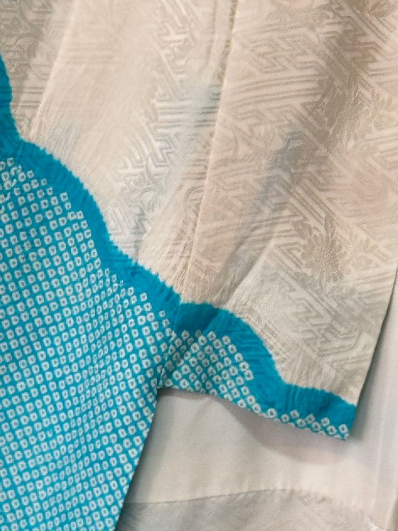 [ヴィンテージ] 振袖　正絹　白　水色　鹿の子絞り　成人式　結婚式　礼装　高身長