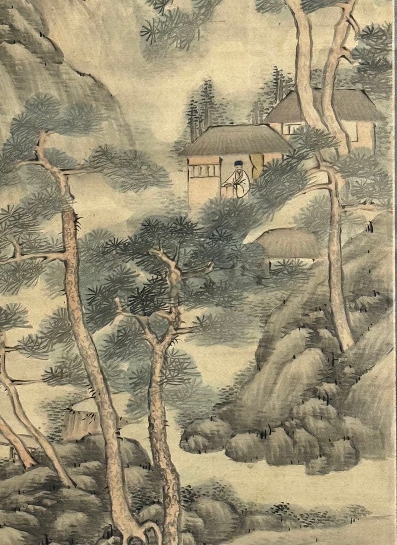 釧雲泉浅絳山水　亀田鵬斎題詩　絹本肉筆　鑑定入　箱付　掛軸　送料込み250824