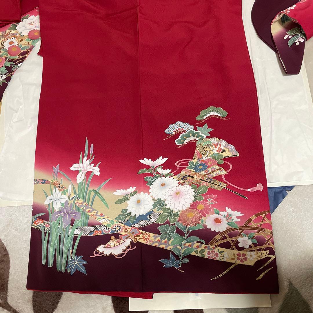 送料値下げ期間↓振袖 赤 花柄 長襦袢　帯付き