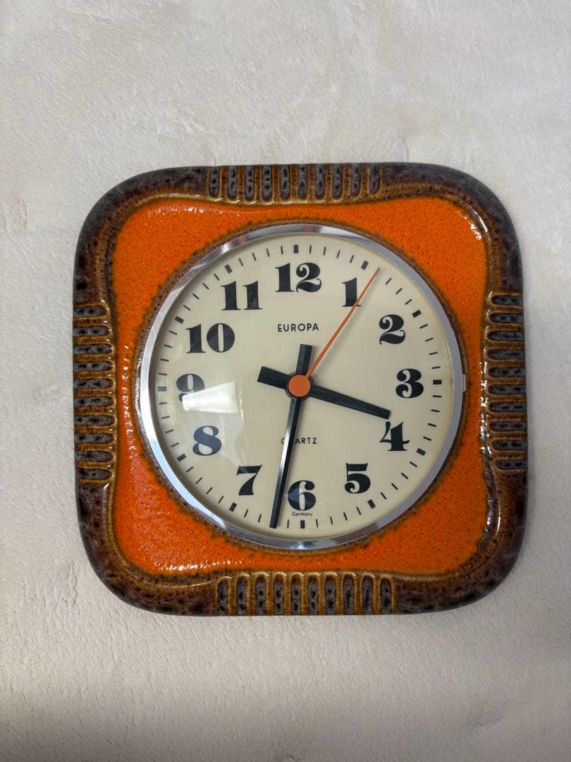 【ヴィンテージ1970's】ドイツ製EUROPA オレンジ 陶器製スクエア時計