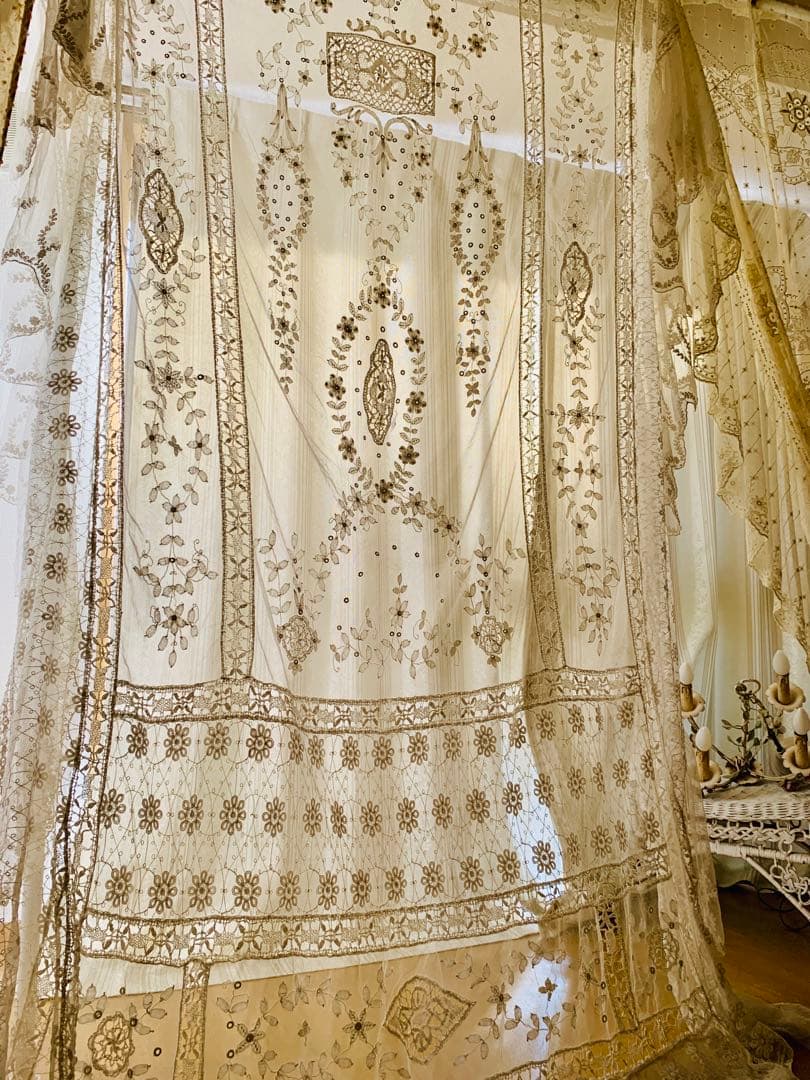 フランスアンティークフローラル刺繍チュールレースデュべカバー古色ホワイトカーテン