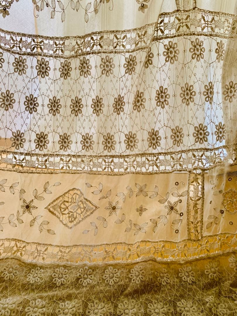 フランスアンティークフローラル刺繍チュールレースデュべカバー古色ホワイトカーテン