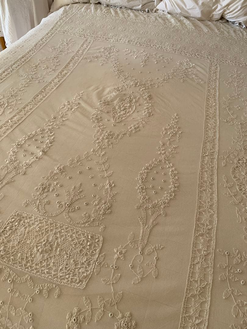 フランスアンティークフローラル刺繍チュールレースデュべカバー古色ホワイトカーテン