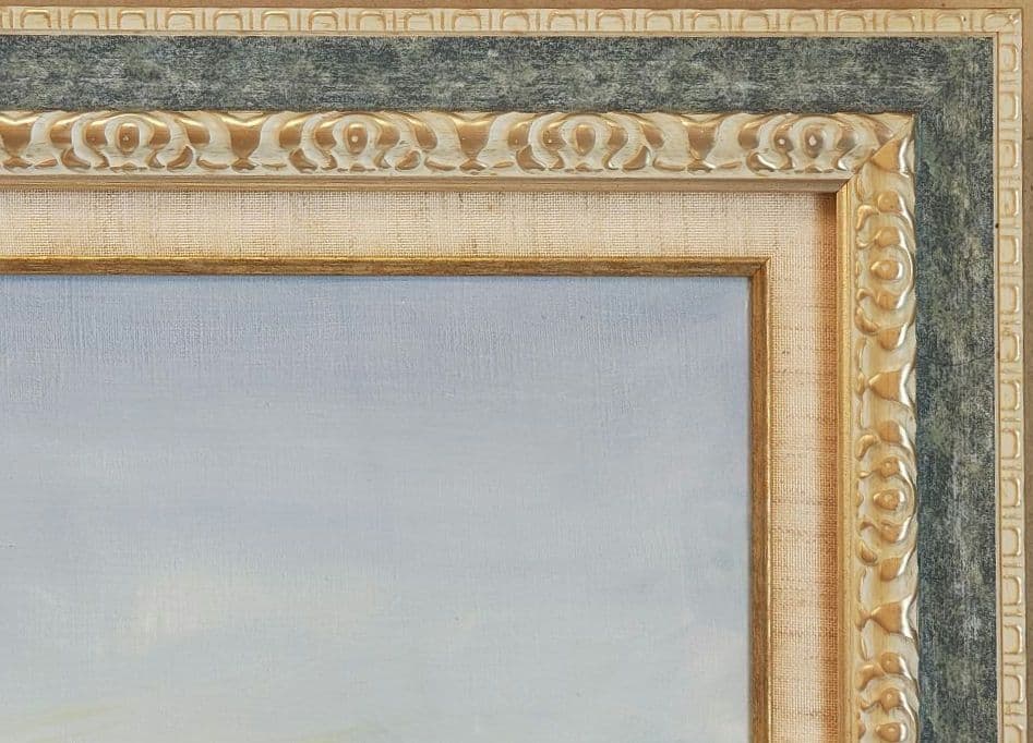 【送料込】F30号 大型 油彩額縁 アクリル板 風景画付 空色と銀系 107cm