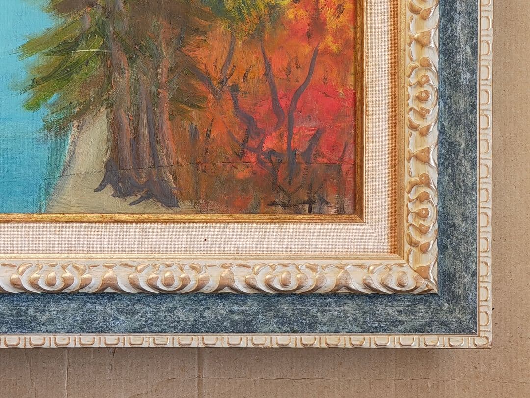 【送料込】F30号 大型 油彩額縁 アクリル板 風景画付 空色と銀系 107cm