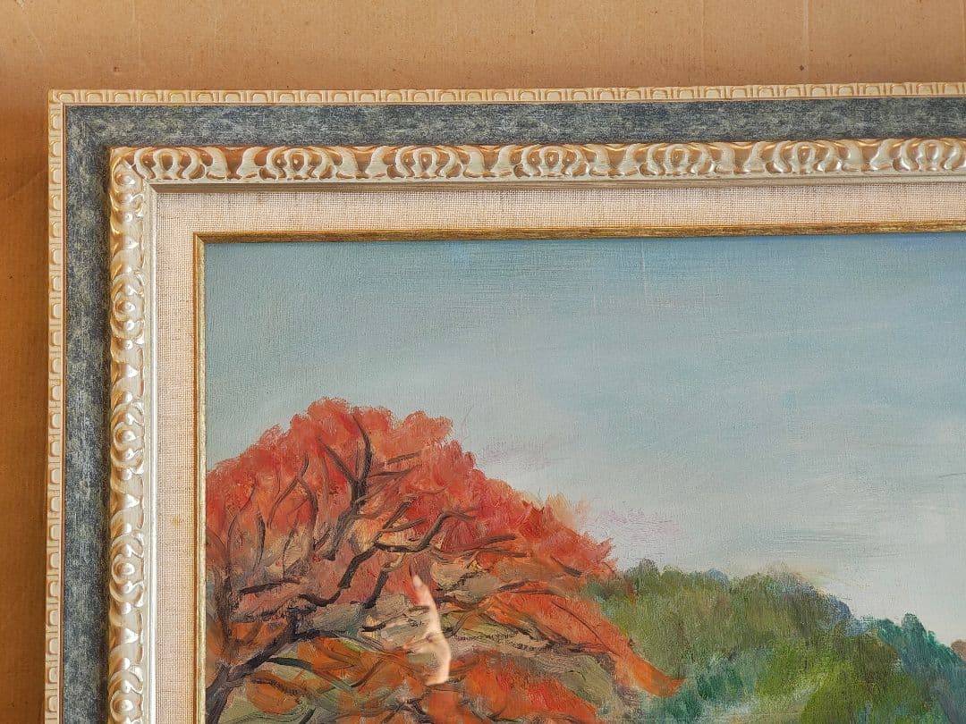 【送料込】F30号 大型 油彩額縁 アクリル板 風景画付 空色と銀系 107cm