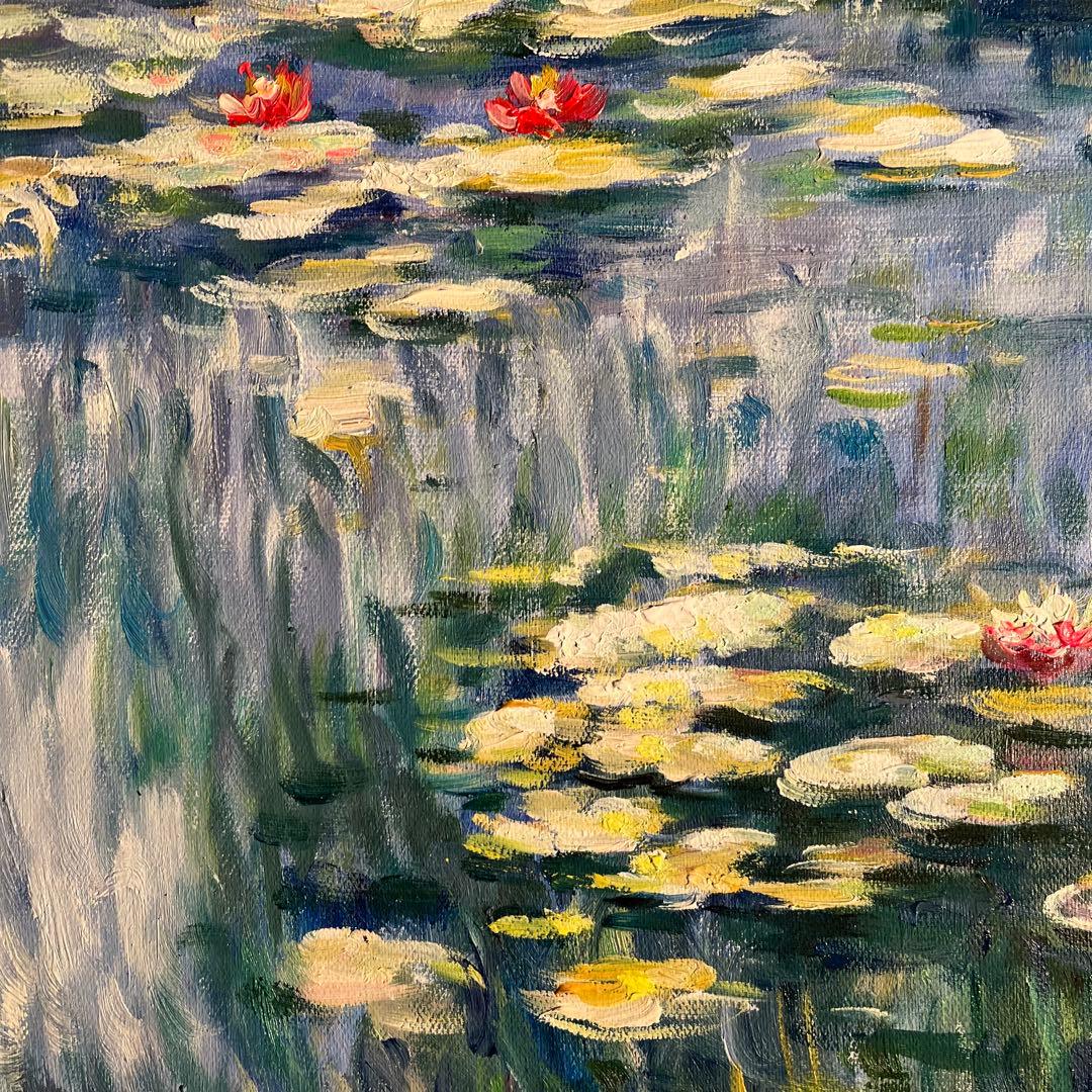 ★秀作★ 手書き油絵 モネ 睡蓮 肉筆絵画 額付き インテリア 油彩画