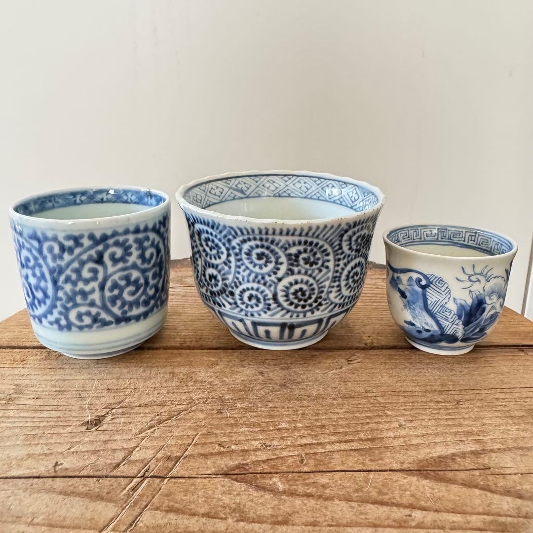 【蔵出し】古伊万里　染付　蛸　唐草　覗き　小猪口　江戸　向付　猪口　渦福　角福