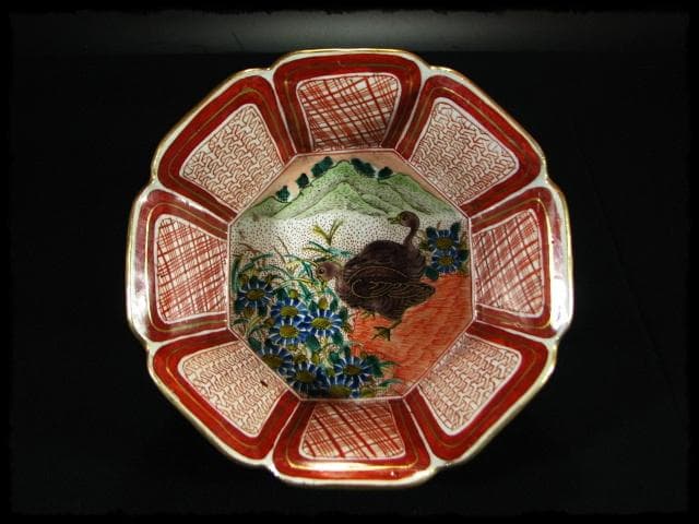 九谷 庄三 角福銘 極彩色 鶉図 八角 深鉢 加賀 古九谷 茶道具 菓子器