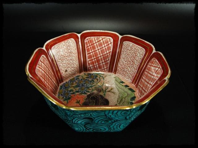 九谷 庄三 角福銘 極彩色 鶉図 八角 深鉢 加賀 古九谷 茶道具 菓子器