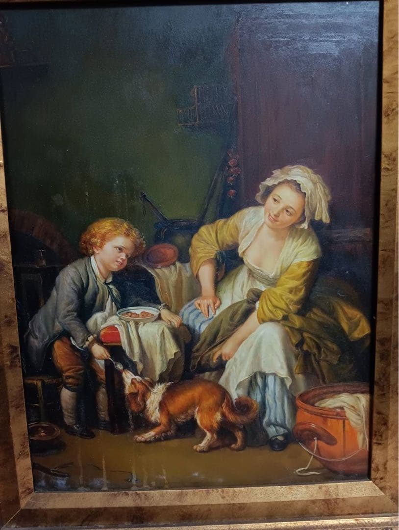 ◆母と子と犬の油彩画　値下げ済み