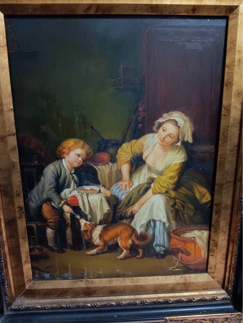 ◆母と子と犬の油彩画　値下げ済み