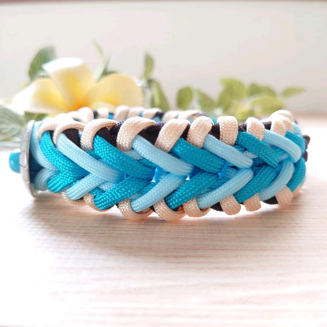 パラコード首輪　太めハーフチョーク　ターコイズコンチョ付　中型犬　№078