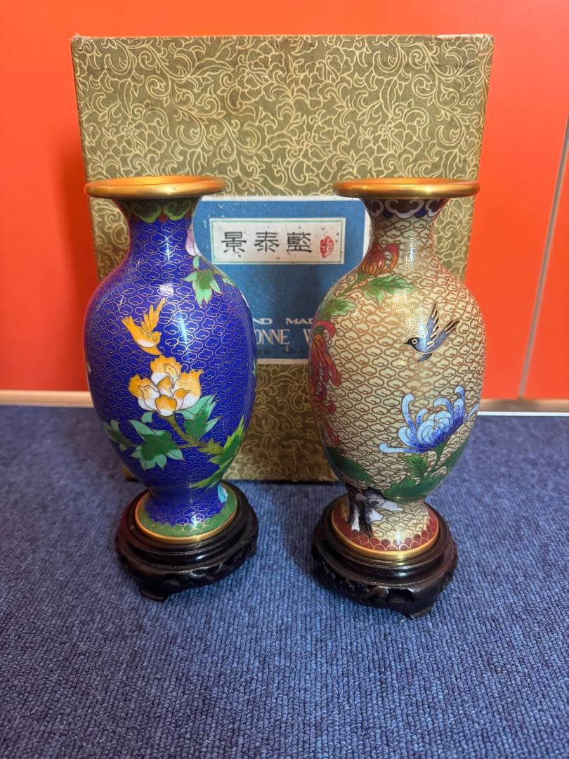 1571  景泰藍　花瓶2客　花台2客付き　骨董　時代物