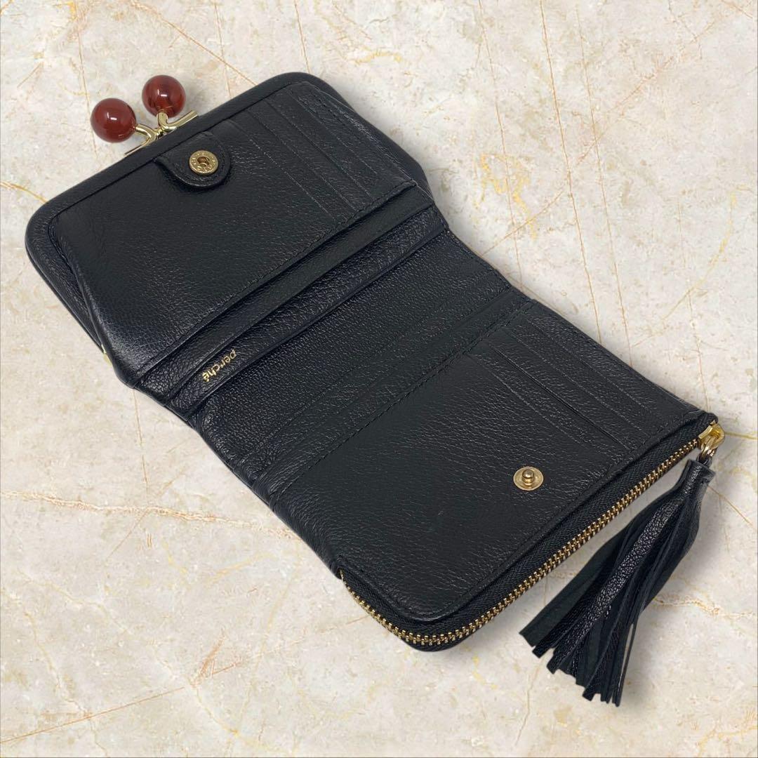 perche ペルケ がま口 二つ折り財布 ドット ブラック 黒 財布 ゴールド