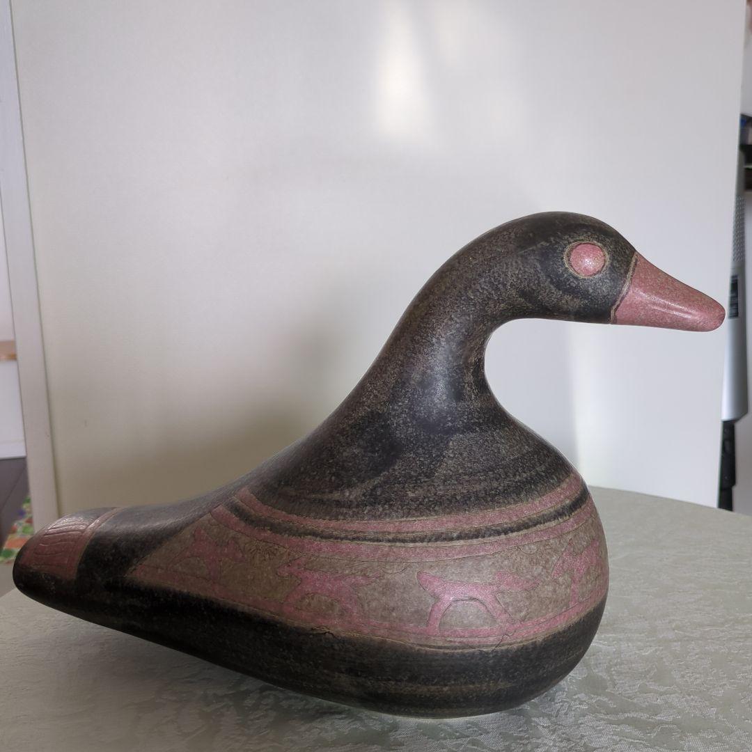 ITALY 陶器　カモ置物　オブジェ　　彫り模様有