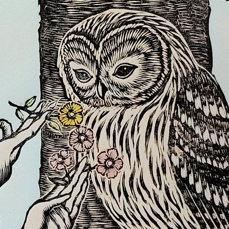 ☆手島圭三郎☆「ふくろうと少女、花」木版画　全紙サイズ　未使用額！