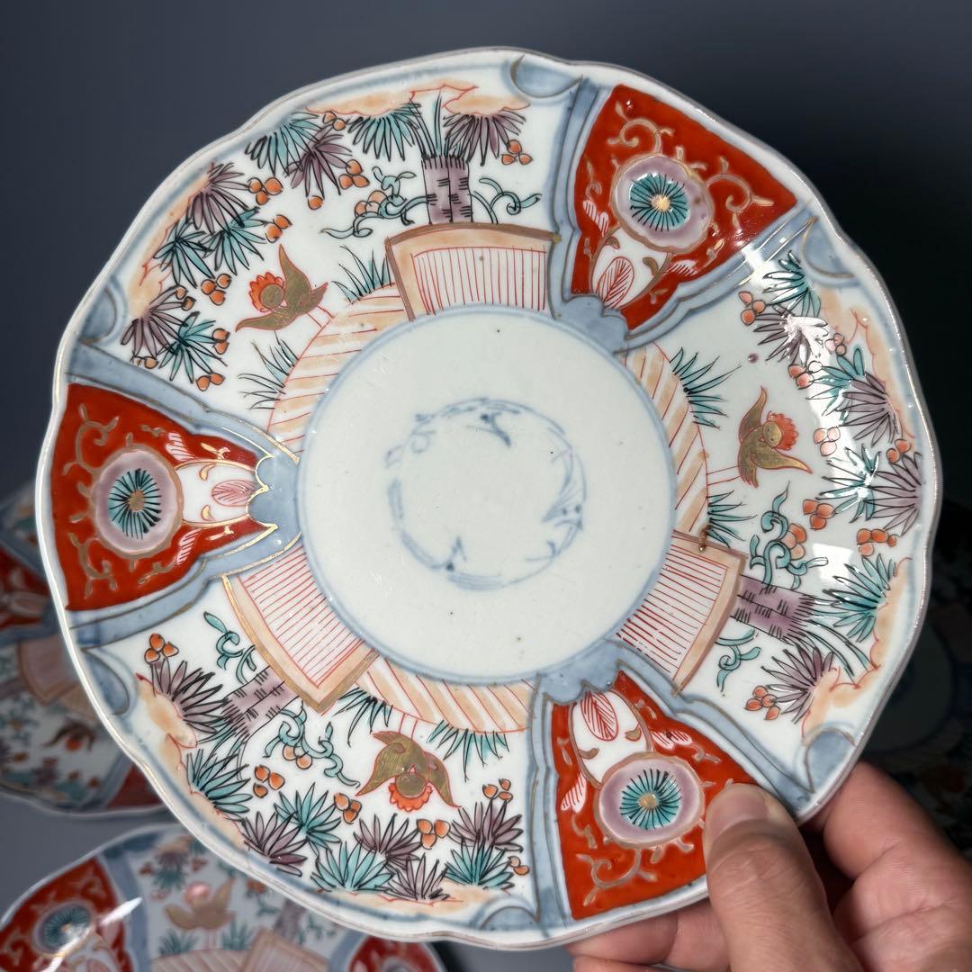 古伊万里　色絵花鳥図輪花形七寸皿　5枚　松竹梅　裏巻物文様　金蘭手　赤絵　江戸期