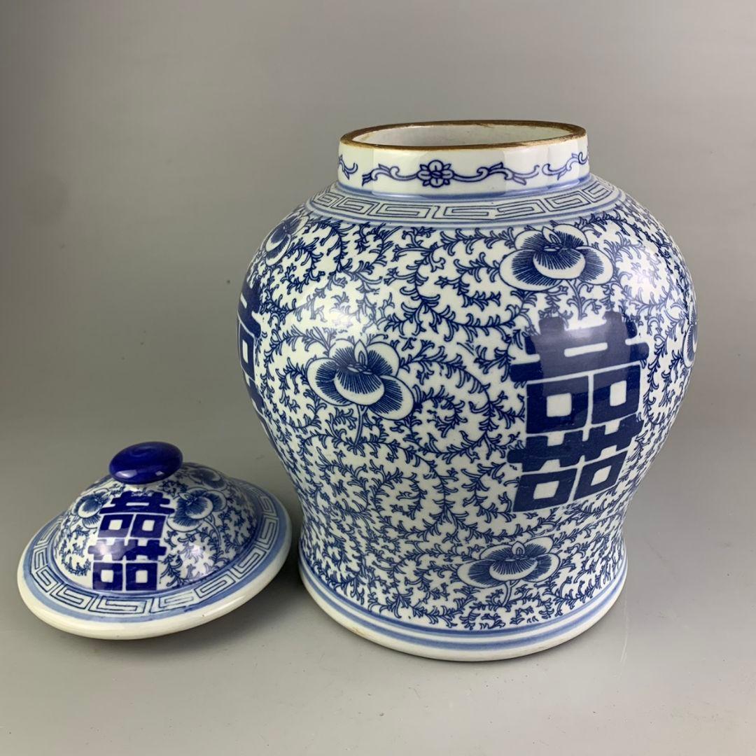 青花喜字紋将軍缶 景徳鎮 陶磁器 装飾品 現代工芸品 美術品 置物