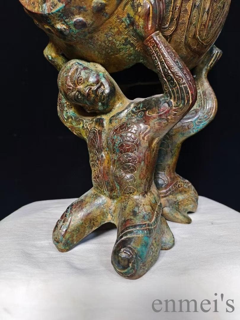 中国古美術 漢代 青銅器 跪人双鳥鼓 古代楽器 打楽器 禮楽器 青銅美術 骨董品