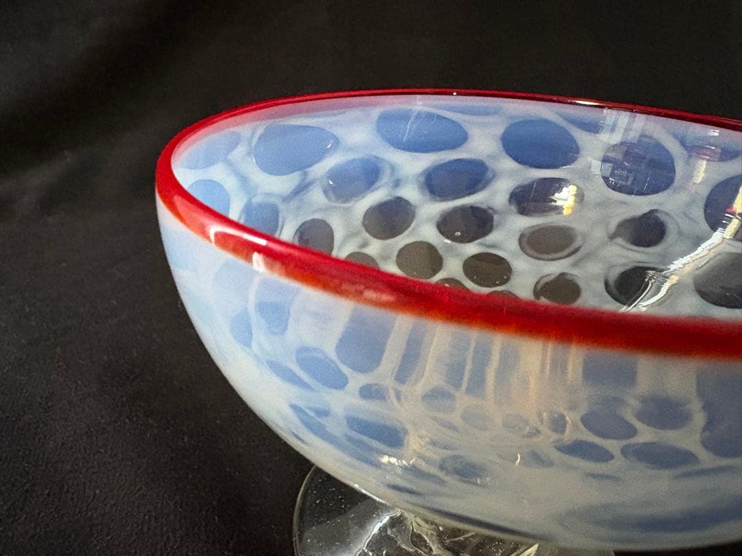 大正ガラス　和ガラス　氷カップ　朱色縁　水玉模様　ドット模様　アンティーク