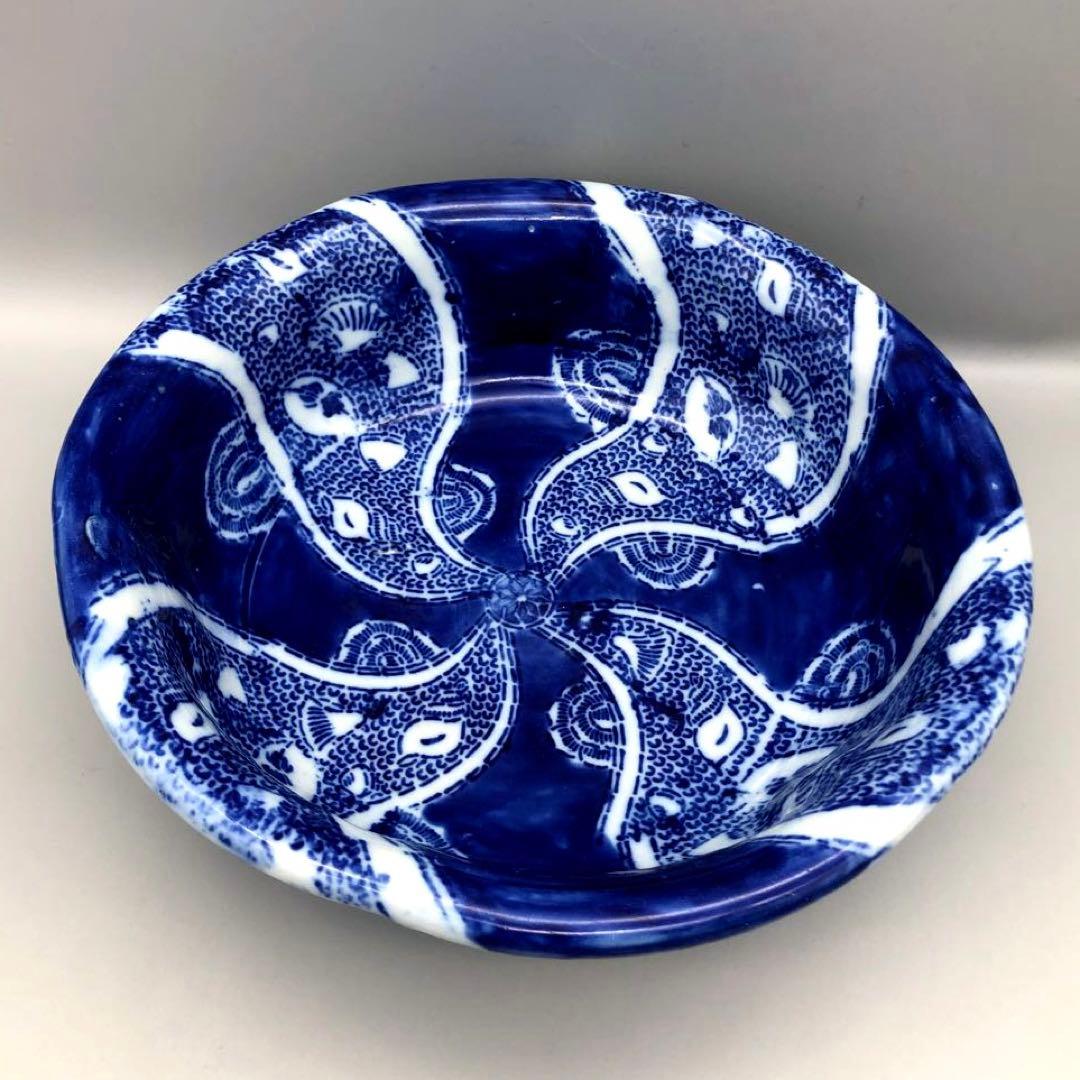 明治時代古伊万里ベロ藍蝶捻文印判手中押し鉢ボウル24cm伊万里焼骨董品
