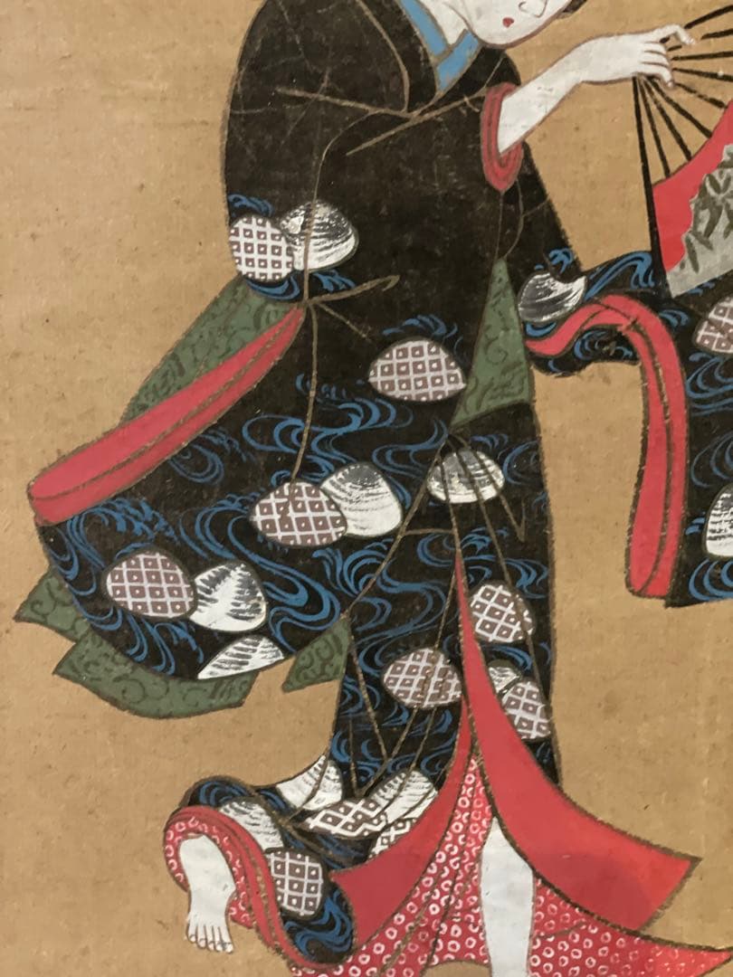 元禄　江戸前期　大津絵　若衆　桜　扇子　踊り 浮世絵　 美人画　時代裂　肉筆画