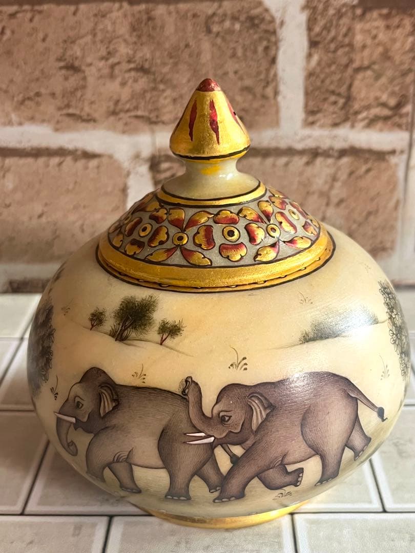 定価25,000円 手描き 象細密図 大理石 小物入 金彩仕上げ マハラジャ様式