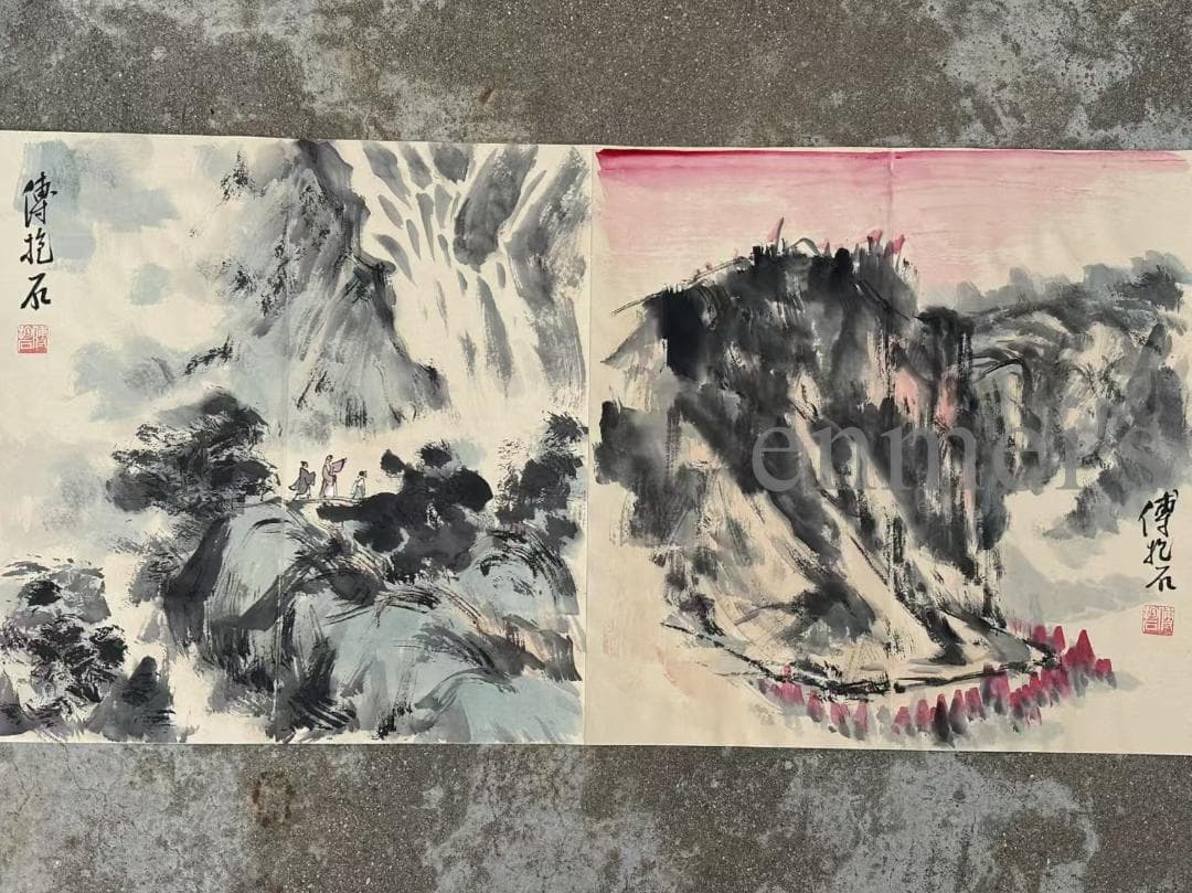 中国古美術 傅抱石作款 水墨画 長巻 自然風景 手描き 冊頁 7開1 文房置物