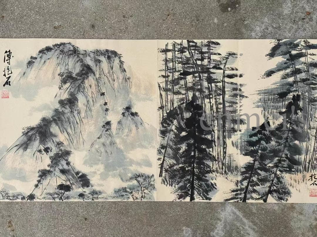 中国古美術 傅抱石作款 水墨画 長巻 自然風景 手描き 冊頁 7開1 文房置物