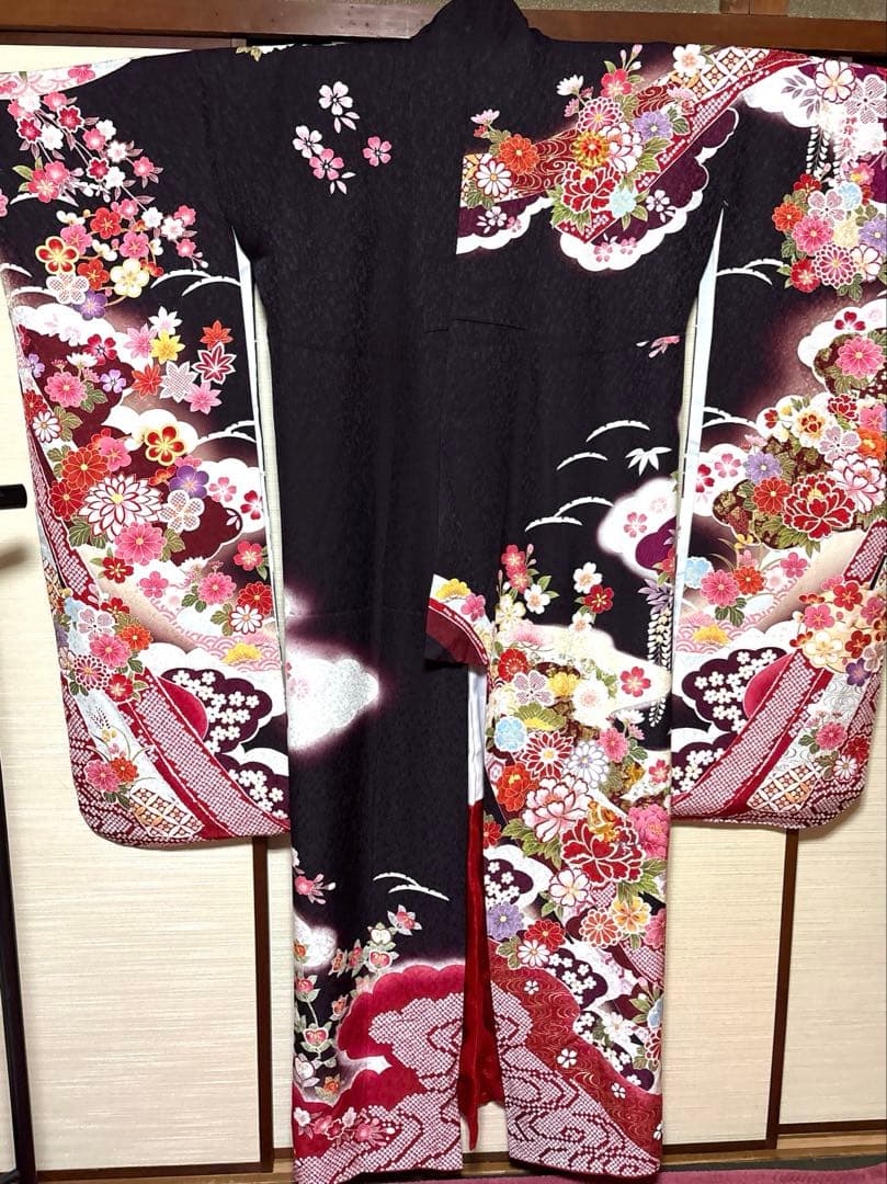黒鳶色 和花 束ね熨斗 振袖 身丈160