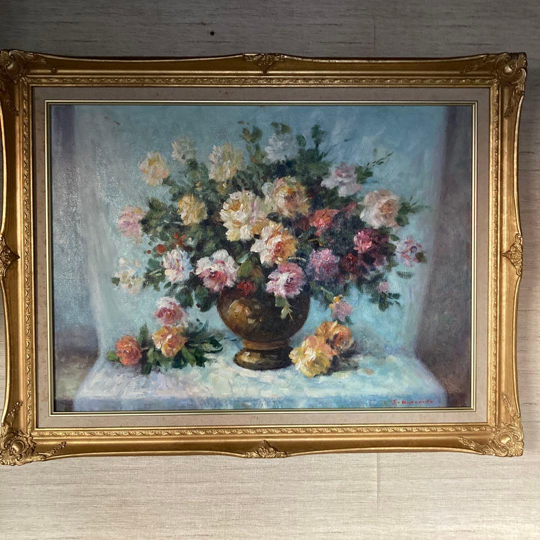 S,Kuramoto 「花瓶の薔薇」油彩画67.5×87絵￼53×73cm20P