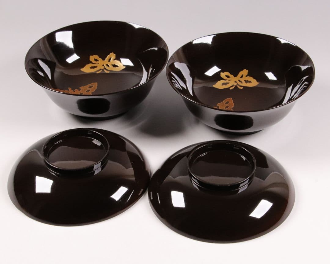 M873 時代 木製漆器 輪島塗 蝶金蒔絵 黒塗椀 二客 天然木 梨地
