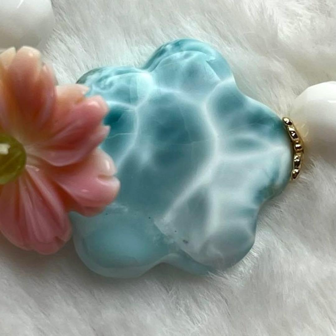 まゆ様♥️ラリマー＆クィーンコンクシェル桜型・ホワイトオニキス天然石ブレスレット