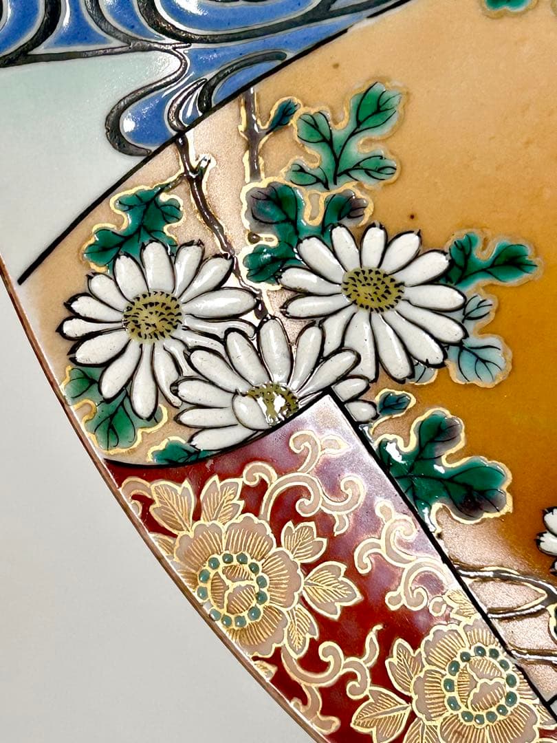 稀少 明治九谷の第一人者 松本佐平 松雲堂 五彩手流水草花文大皿 九谷焼