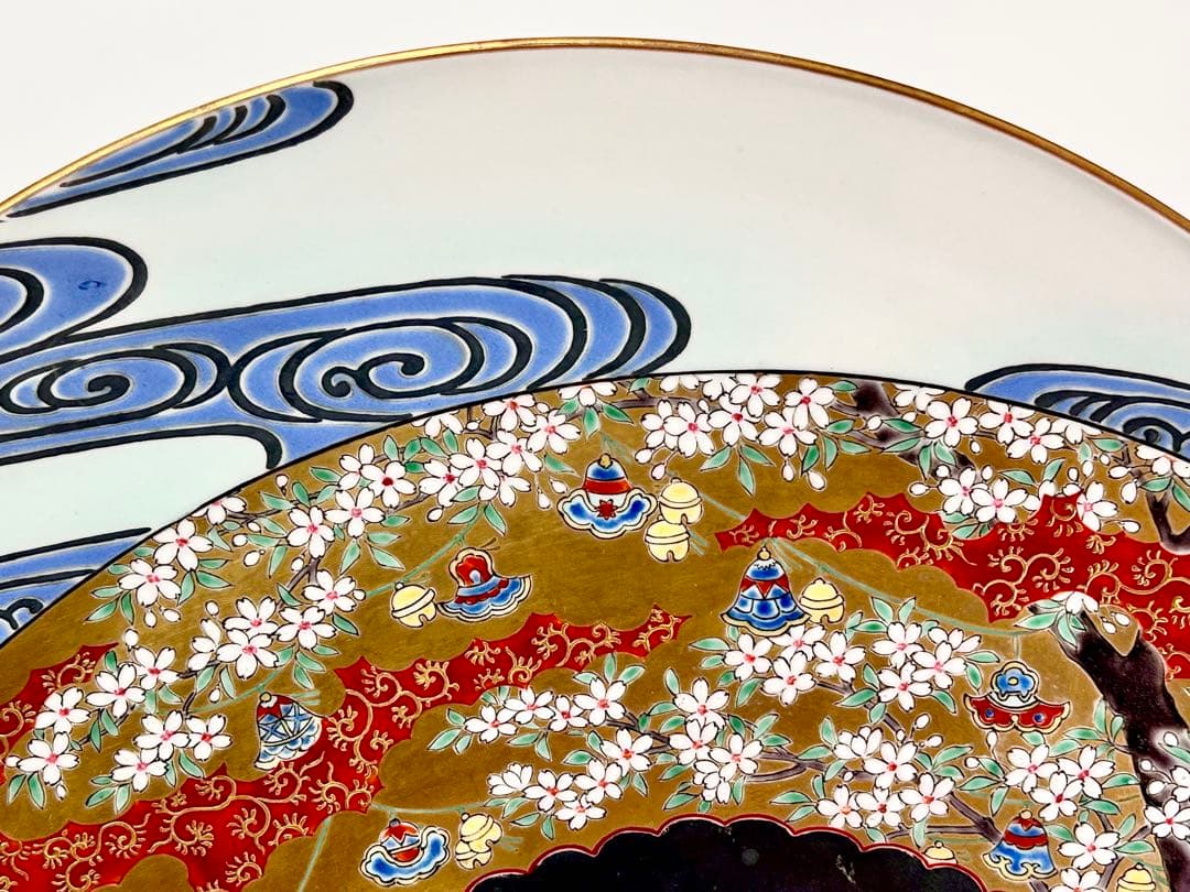 稀少 明治九谷の第一人者 松本佐平 松雲堂 五彩手流水草花文大皿 九谷焼