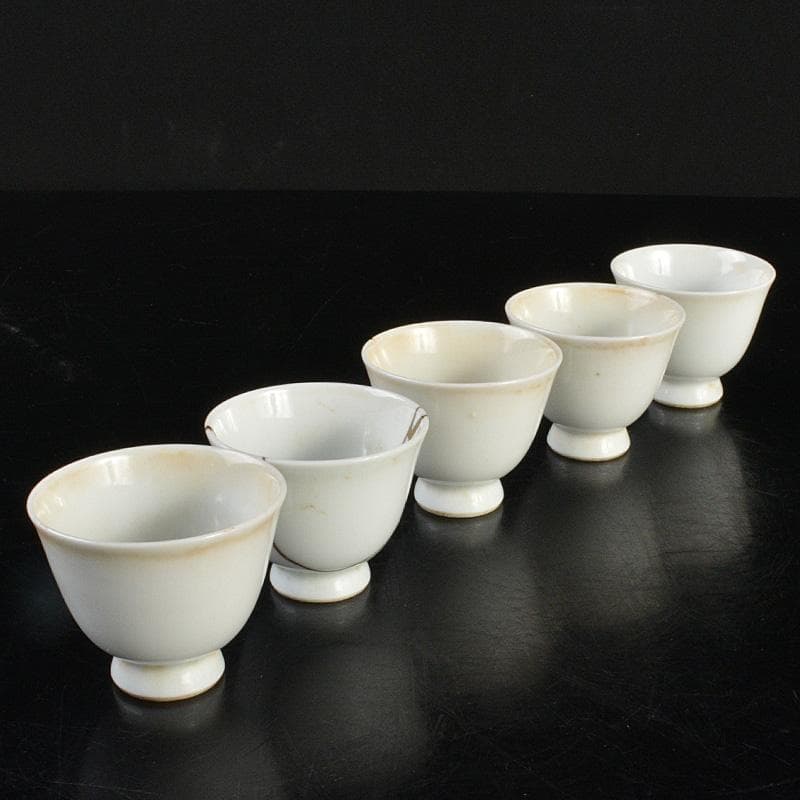 中国　南京白磁　染付寿文　煎茶碗　五客　時代箱付　金継ぎ直しあ　M　R6911