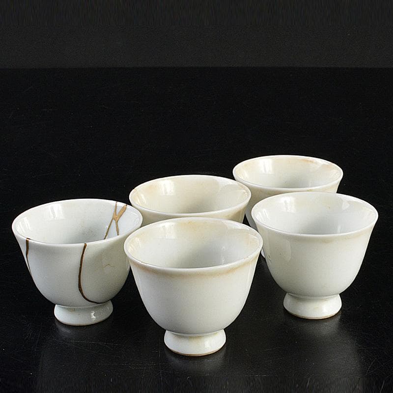 中国　南京白磁　染付寿文　煎茶碗　五客　時代箱付　金継ぎ直しあ　M　R6911