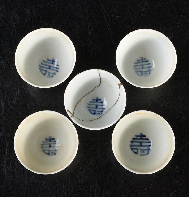 中国　南京白磁　染付寿文　煎茶碗　五客　時代箱付　金継ぎ直しあ　M　R6911